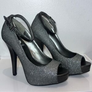 G by Guess Silver Glitter Peep-Toe Ankle Strap Heels